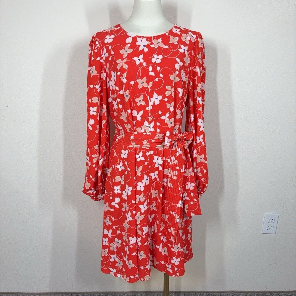 Eliza J Dress Womens 14 Red Floral Long Sleeve Belted Pleated Fit Flare Workwear